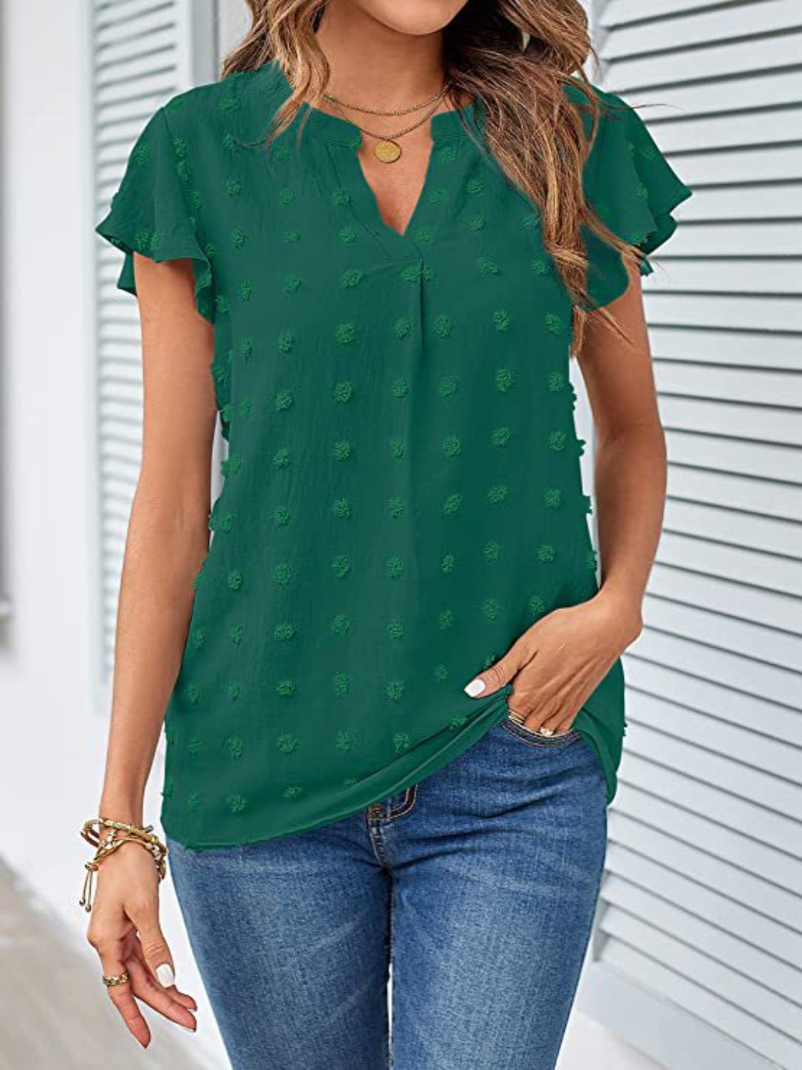 Dark Green Flutter Sleeve Swiss Dot Top with V-neck and ruffled sleeves
