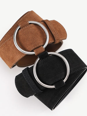 Chic cowhide leather waist belts in black and brown, featuring a silver ring buckle detail.