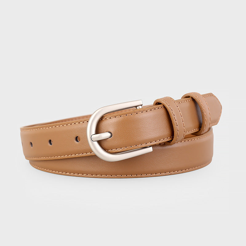 Brown cowhide leather belt with silver buckle and stitching detail.