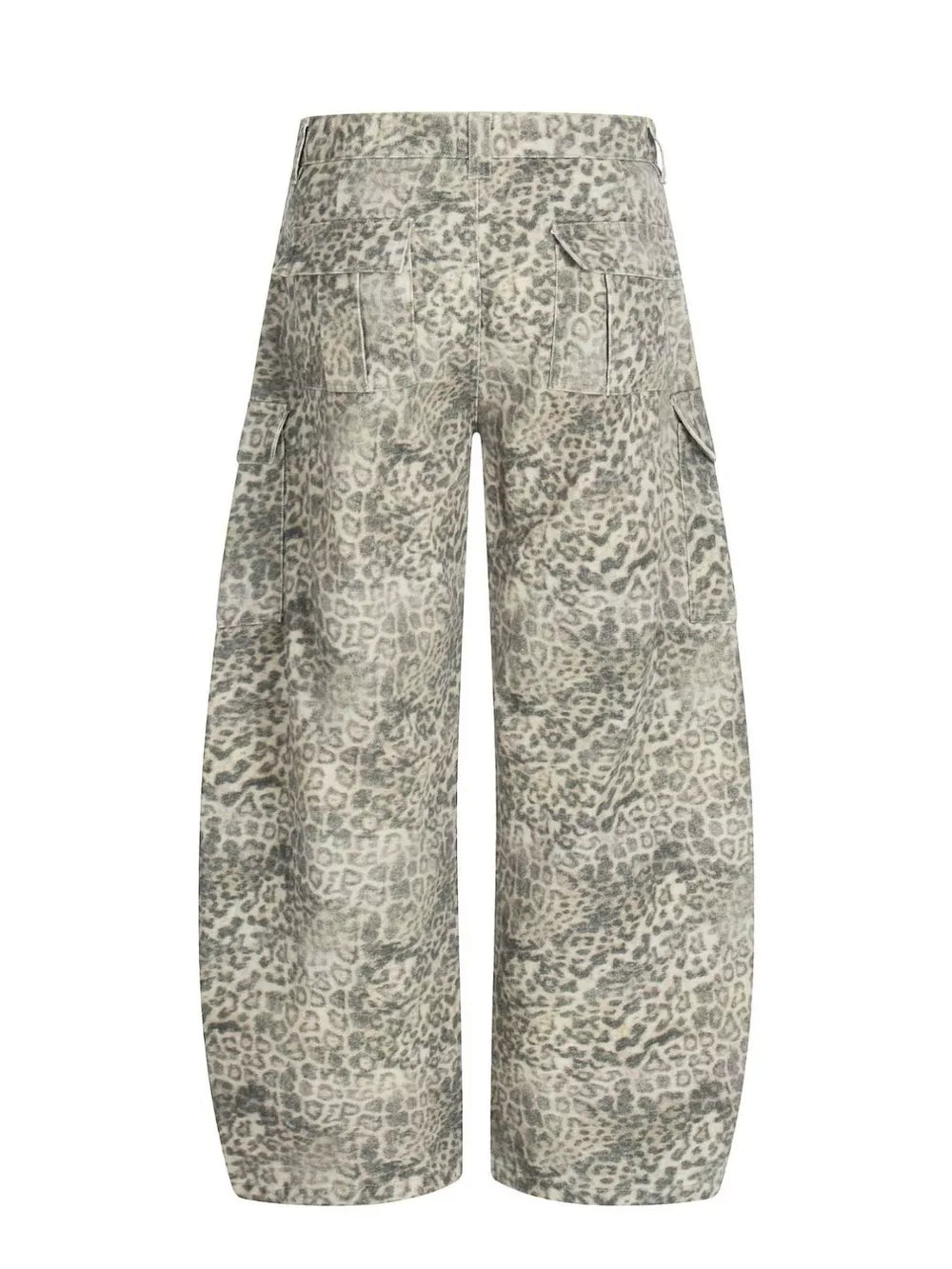 Men's grey leopard print wide-leg cargo sweatpants with flap pockets.