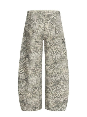 Men's grey leopard print wide-leg cargo sweatpants with flap pockets.