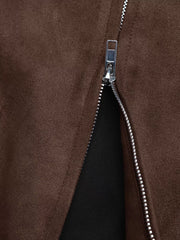 Brown zip-up jacket detail showing silver zipper and suede-like texture.