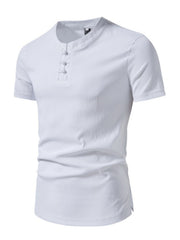 White cotton henley t-shirt with three button placket and short sleeves