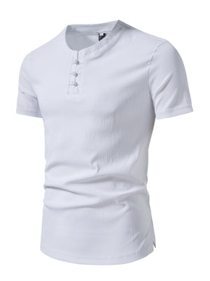 White cotton henley t-shirt with three button placket and short sleeves