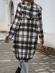 Draped plaid cocoon hoodie jacket in black, white, and brown.