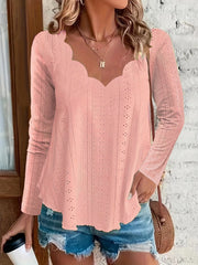Dusty Pink scalloped eyelet yoke blouse with long sleeves and a v-neckline.