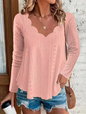 Dusty Pink scalloped eyelet yoke blouse with long sleeves and a v-neckline.