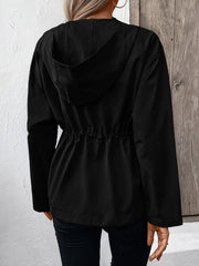 Black hooded utility jacket with cinched waistline detail