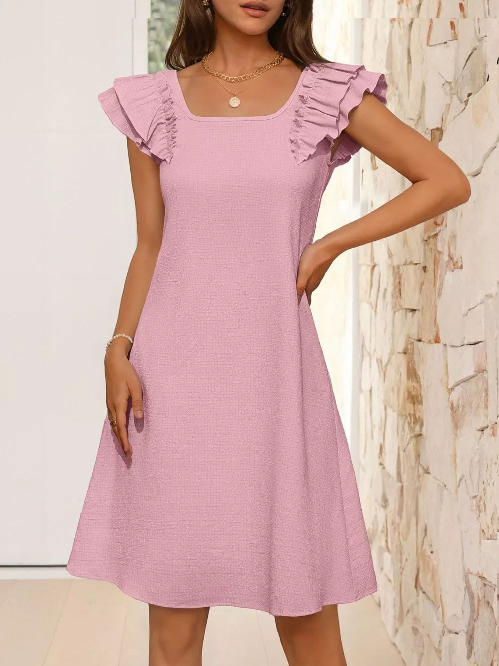 Pink a-line dress with ruffled cap sleeves and square neckline