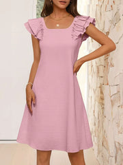 Pink a-line dress with ruffled cap sleeves and square neckline