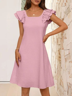 Pink a-line dress with ruffled cap sleeves and square neckline
