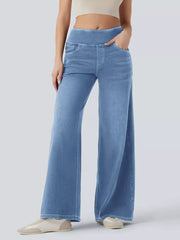 Light blue wide-leg maternity jeans with a comfortable elastic waistband and pockets.