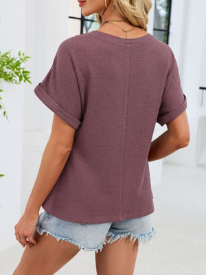 Waffle knit t-shirt in mauve with cuffed short sleeves and a relaxed fit.