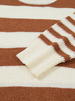 Patchwork drop shoulder sweater in caramel and cream stripes, acrylic fabric, ribbed cuffs.