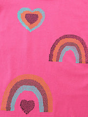 Bright pink cotton tee with sequin heart and rainbow appliques.