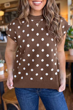 Dolman Sleeve Polka Dot Sweater in Dark Brown, close-up detail