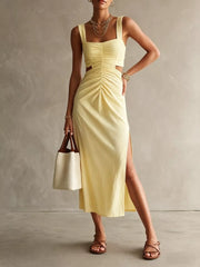 Ruched Cut-out Midi Dress in Khaki, close-up detail