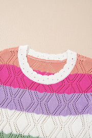 Crochet stripe blouse with scoop neck and flutter sleeves in acrylic.