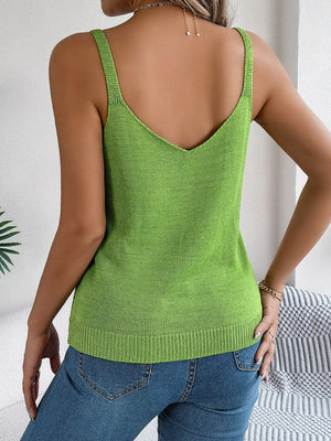 Green diamond knit tank top with V-neck and adjustable buckle straps.
