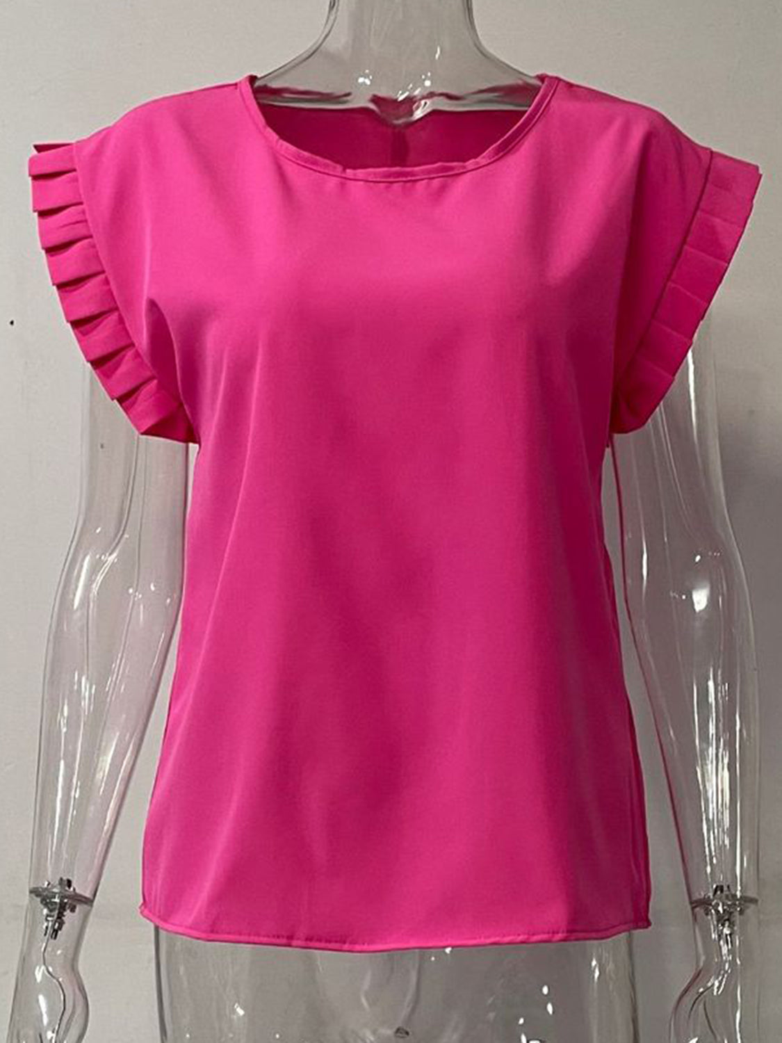 Hot pink cap-sleeve blouse with pleated sleeve detail