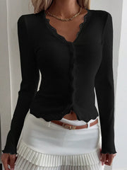 Black ribbed long sleeve top with lace trim neckline and button front