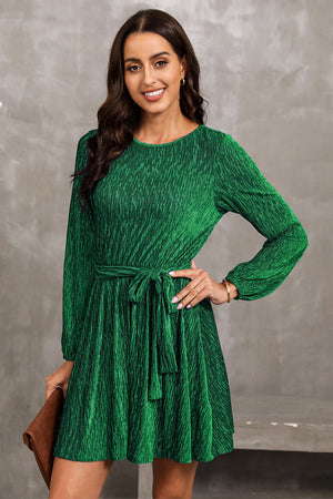 Green textured pleated mini dress with long sleeves and a tie waist.