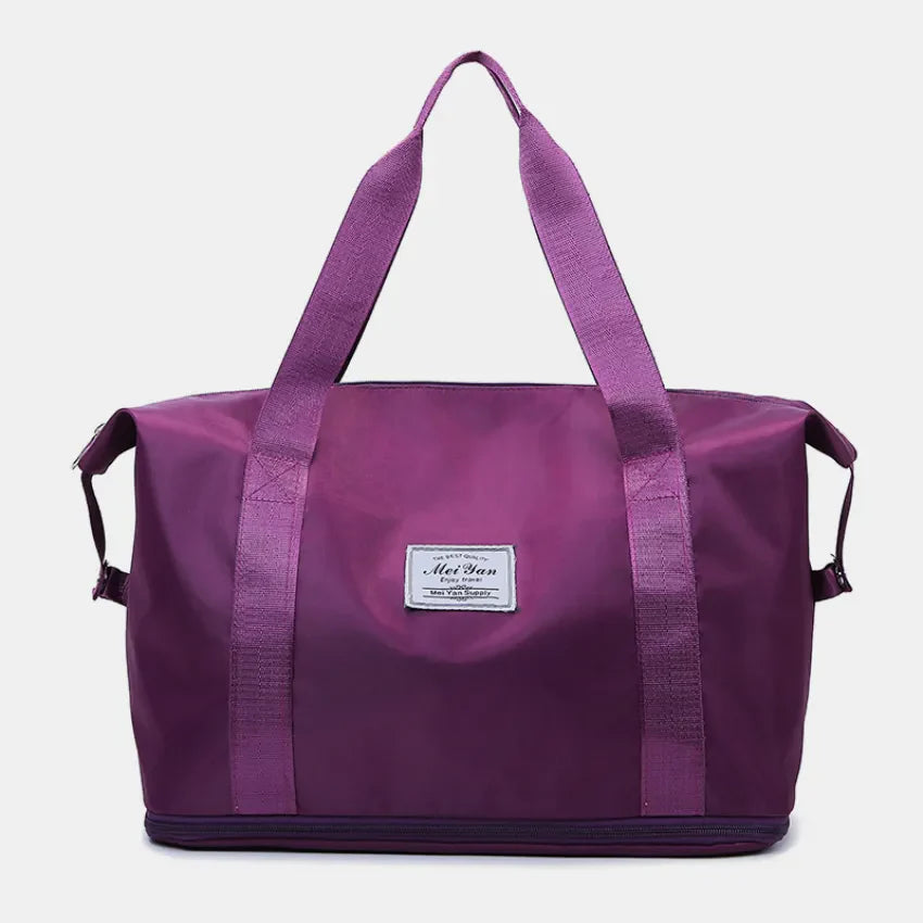 Plum purple nylon tote bag with dual straps and a central label.