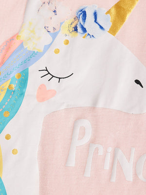 Blush pink cotton t-shirt with a white unicorn graphic, rainbow mane, and gold horn.