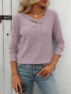 Ribbed knit henley top in Moonlit Mauve with keyhole neckline and button detail