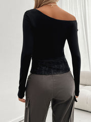 Black off-shoulder long sleeve top with lace trim detail