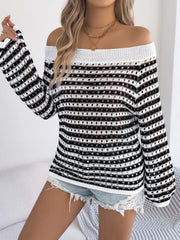 Off-shoulder striped mesh knit sweater with open knit details and long sleeves.