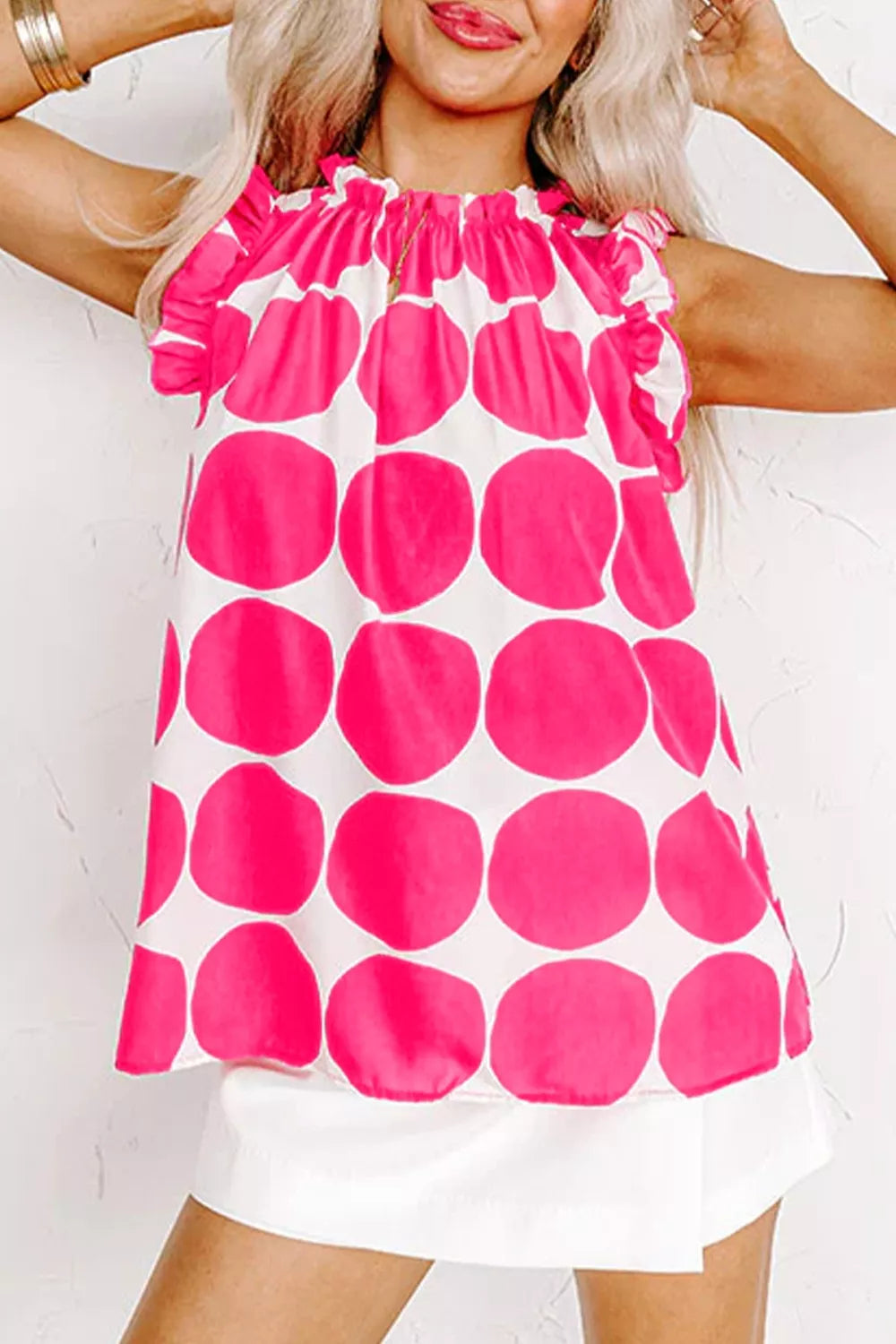 Polka dot frill tank top with ruffled neckline and sleeves in polyester