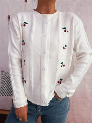 White button up cardigan with cherry embroidery and scalloped trim.
