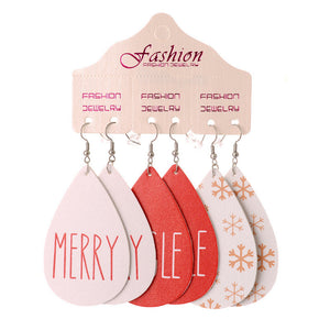 Festive drop earrings trio set with Merry Christmas text and snowflake patterns.