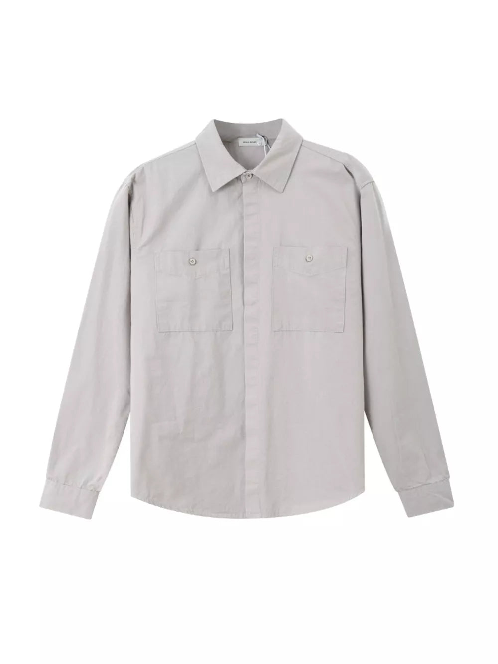 Light gray cotton button-down shirt with two chest pockets and long sleeves.