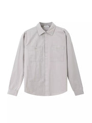 Light gray cotton button-down shirt with two chest pockets and long sleeves.