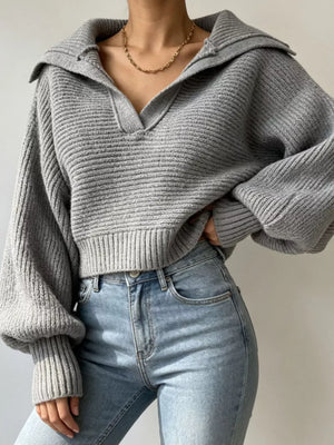 Oversized Collar Ribbed Cropped Sweater in Gray, front view