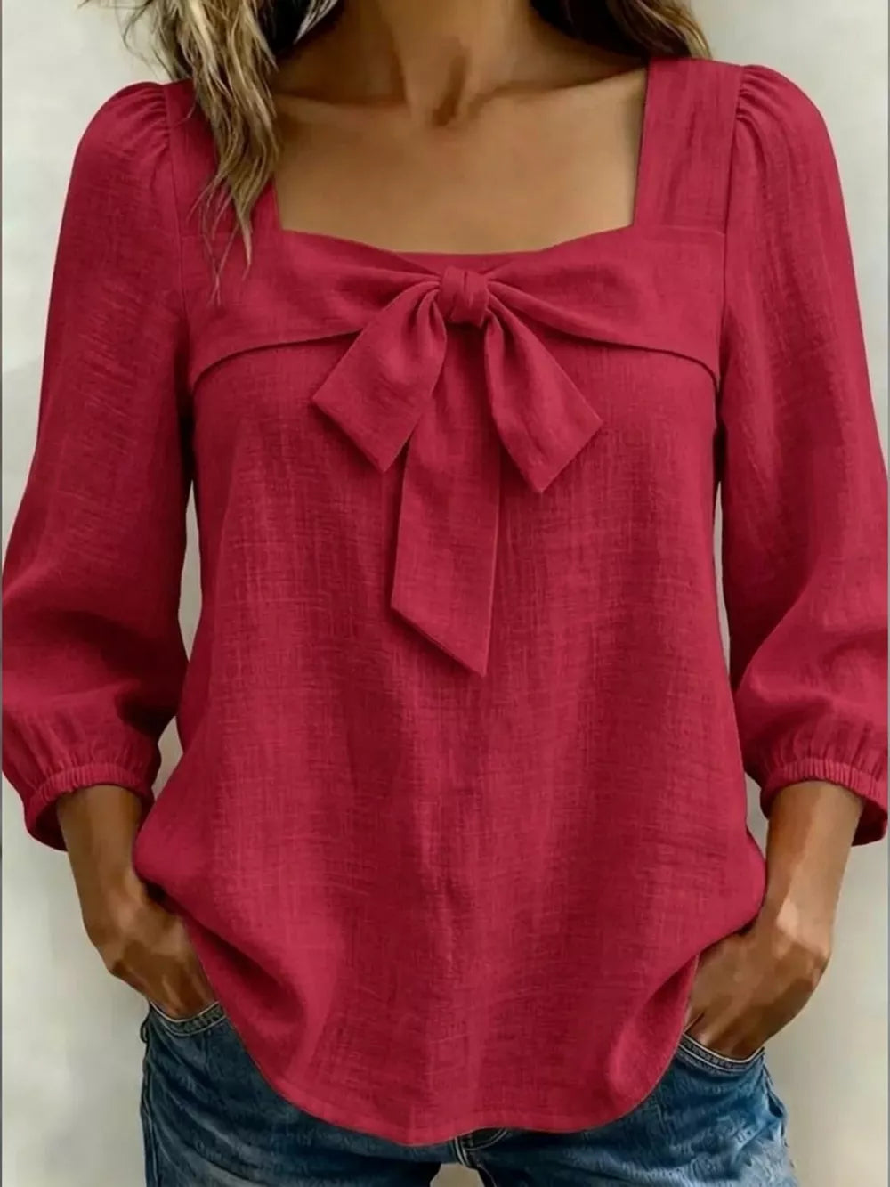 Full Size Bow Front Square Neck Blouse Plus Size, side view