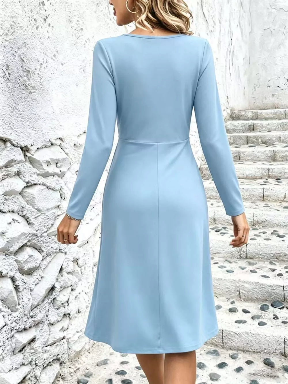 Surplice Long Sleeve Midi Dress in Black, view 14
