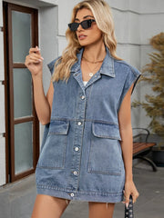 Denim vest with collar, button front, and four pockets.