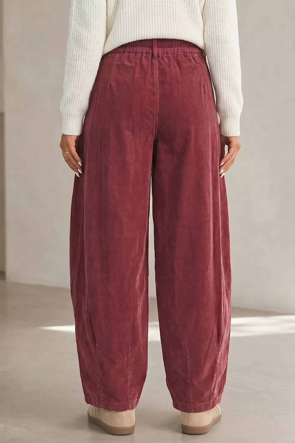 Elastic Waist Drawstring Corduroy Casual Pants in Burgundy, back view