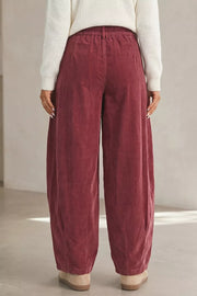 Elastic Waist Drawstring Corduroy Casual Pants in Burgundy, back view