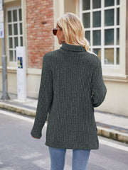Ribbed turtleneck sweater in Army Green with side slits and long sleeves.