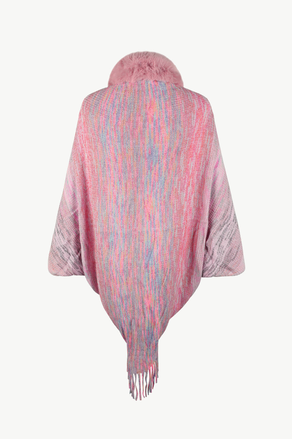 Textured knit cape in dusty pink with faux fur collar and fringe detail