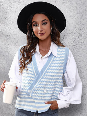Light blue and white striped knit vest with double-breasted button detail.