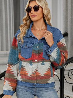 Southwestern denim trucker jacket in dusty blue with geometric pattern and button closure.
