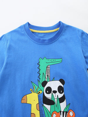 Blue cotton t-shirt with a whimsical animal graphic featuring a giraffe, panda, alligator, and tiger.