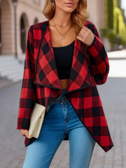 Red and black plaid drape front jacket with asymmetric hem.