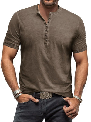 Henley tee in Taupe with subtle washed finish, buttoned placket, and short sleeves.