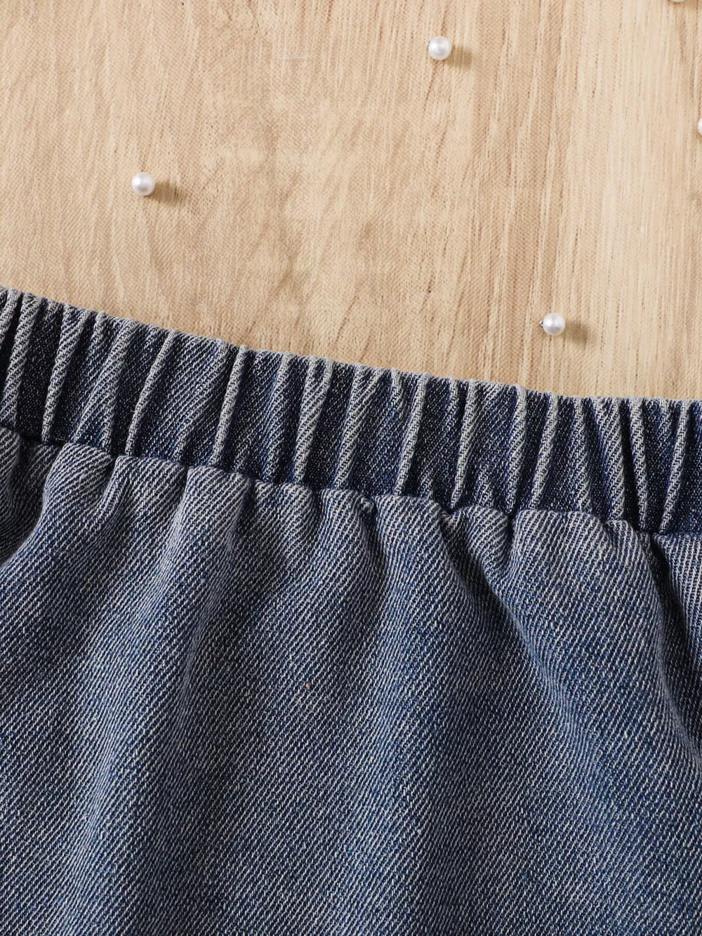 Children's Ruffled Mesh Top And Denim Skirt Set in Rose Red, close-up detail